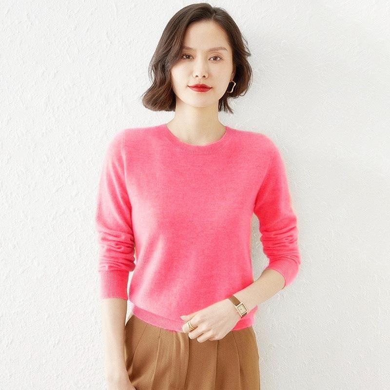 QICED Spring and Autumn Women's Pullover Knitted Sweater, Round-neck Solid Color, Fashionable and Simple Long-sleeved Base Layer
