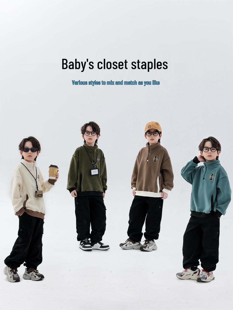 Boys' Reversible Fleece Hoodie - 2025 Autumn/Winter Collection, Thickened Half-Zip Pullover, Long-Sleeve Fashion Top for Medium/Large Kids.