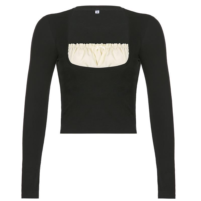 

Секретная ретро-поддельная футболка из двух предметов с длинными рукавами, черная талия, топ-труба, низ с квадратным воротником, повседневный короткий топ L чёрный