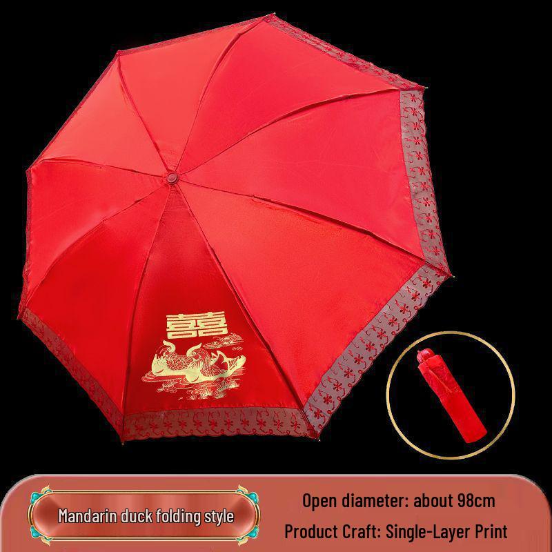 Eleganter roter Brautschirm mit gestickter Spitzkante und langem Griff für Hochzeiten