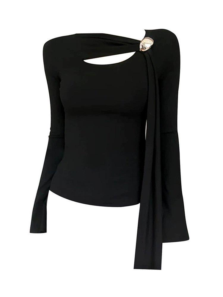 

Stylish Hollow Flared Sleeve Slim Fit Long-Sleeve Top for Women Medium чорний