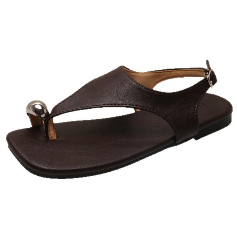 Retro one-word buckle with flat-bottomed set of toe sandals women's summer new soft leather toe open-toe sandals