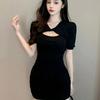 Hepburn Little Black Dress New Chinese Women's Clothing Coffee Break French Temperament Slim and Thin Sexy Hollow Hip Wrap Dress