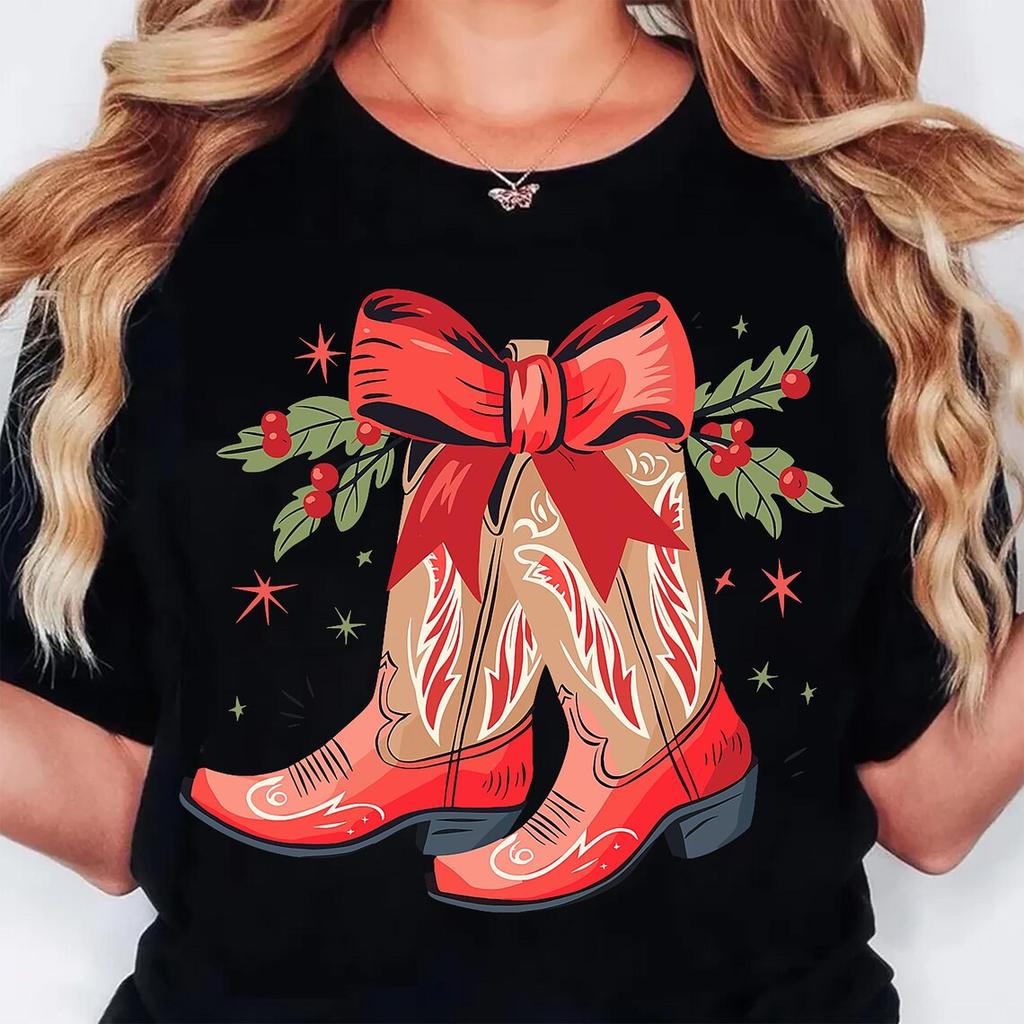 Ladies Merry Christmas Cute Christmas Boots Cartoon Print Regular Casual Daily Short Sleeve Round Neck Womens Tshirt