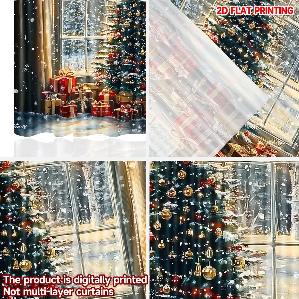 Set Of 2 Classic Flat Printing Christmas Curtains Tree Gifts Digital Printed Polyester Drapes Festive Use Curtain