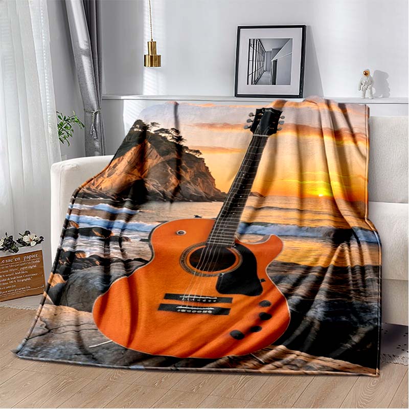 Tropical Beach Electric Guitar Print Flannel Blanket, Palm Tree & Amp Throw Blanket 80cm x 120cm