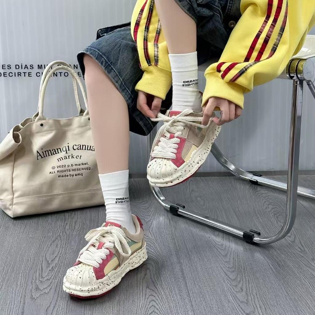 Leather trendy shoes shell head thick sole casual niche splashing ink dissolving board shoes women's spring new models