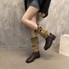 British Style 2025 Autumn New Belt Buckle Splicing Western Cowboy Boots Round Head Thick Heel Sleeve Versatile Knight Boots