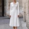 Damen Satin Langarm Midi Kleid mit Wasserfall-Ausschnitt und tailliertem Bund für Abendparty Formelle Anlässe