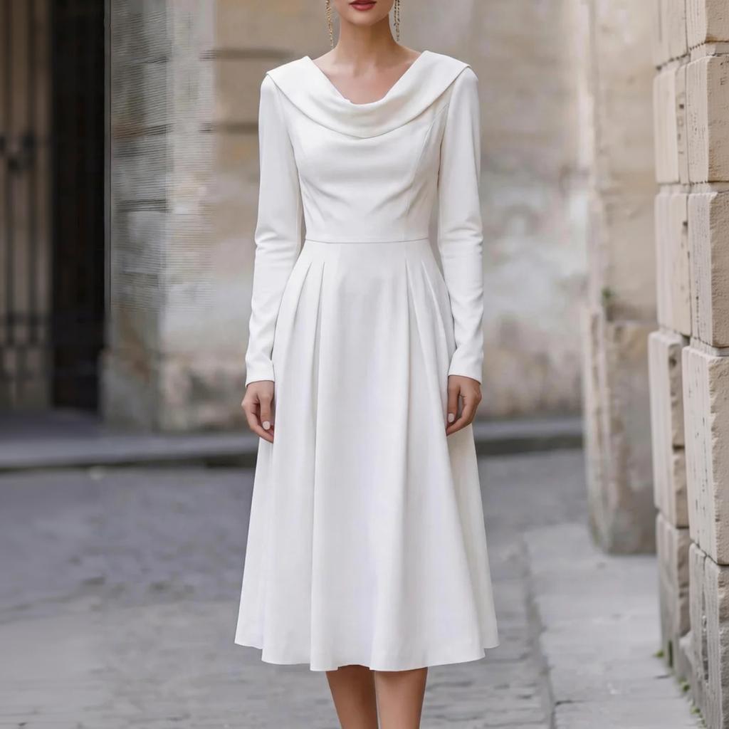 Damen Satin Langarm Midi Kleid mit Wasserfall-Ausschnitt und tailliertem Bund für Abendparty Formelle Anlässe