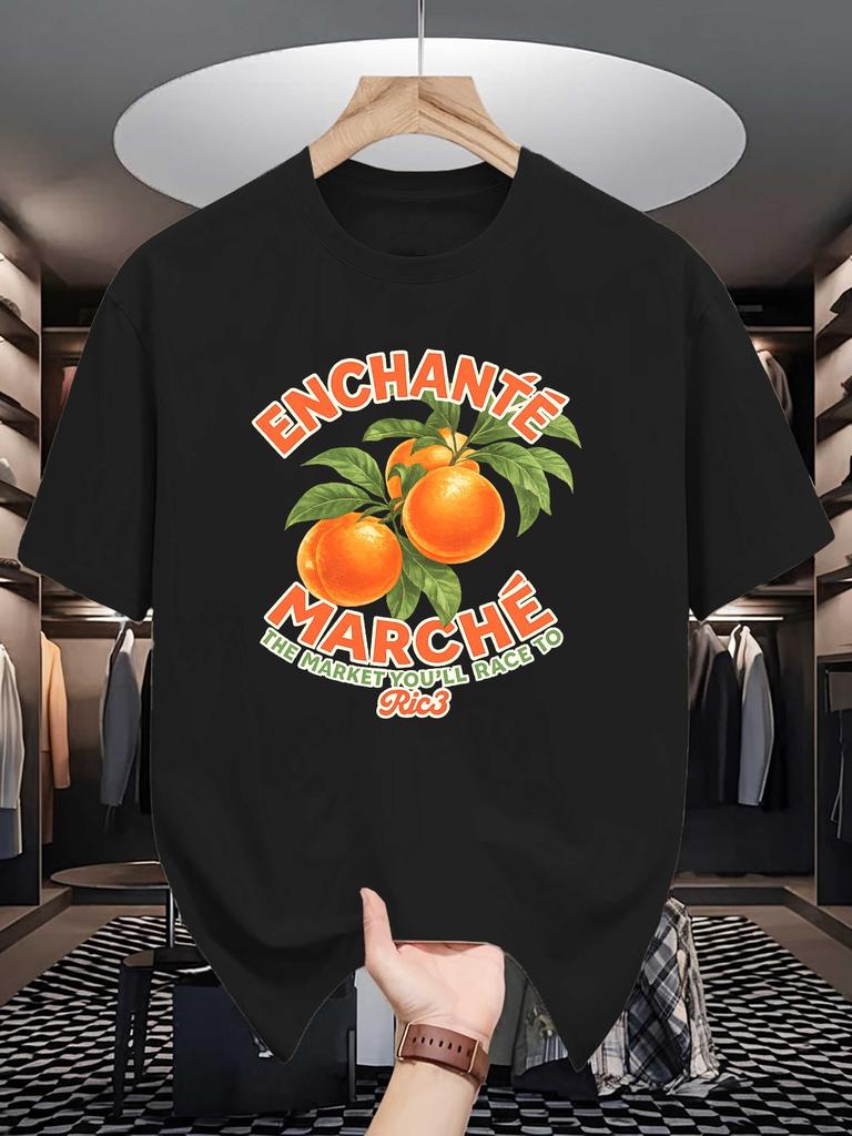 Retro French Orange Enchante Marche Graphic Unisexs T Shirt Crew Neck Cotton Tee Vintage Casual Top Present For Retro Art Male Fans