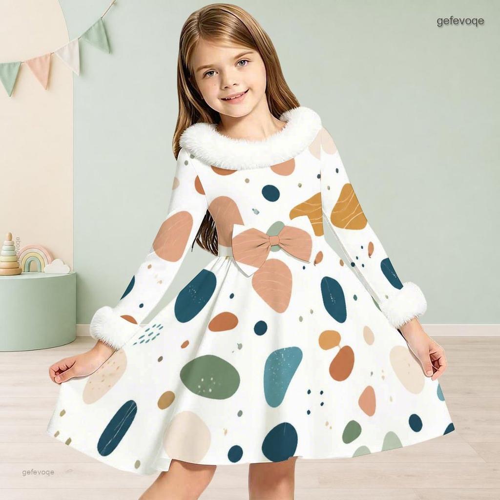 Girls Furry Trim Neck Cuffs Long Sleeve Waist Bow Printed A Line Flared Dress