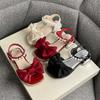 Mädchen Sandalen 2024 Neu Weiche Kinderschuhe Vielseitige Perlen Schleife Offene Zehen Atmungsaktiv Kind Einfach Niedrige Absätze Weinrot Prinzessin Schuhe