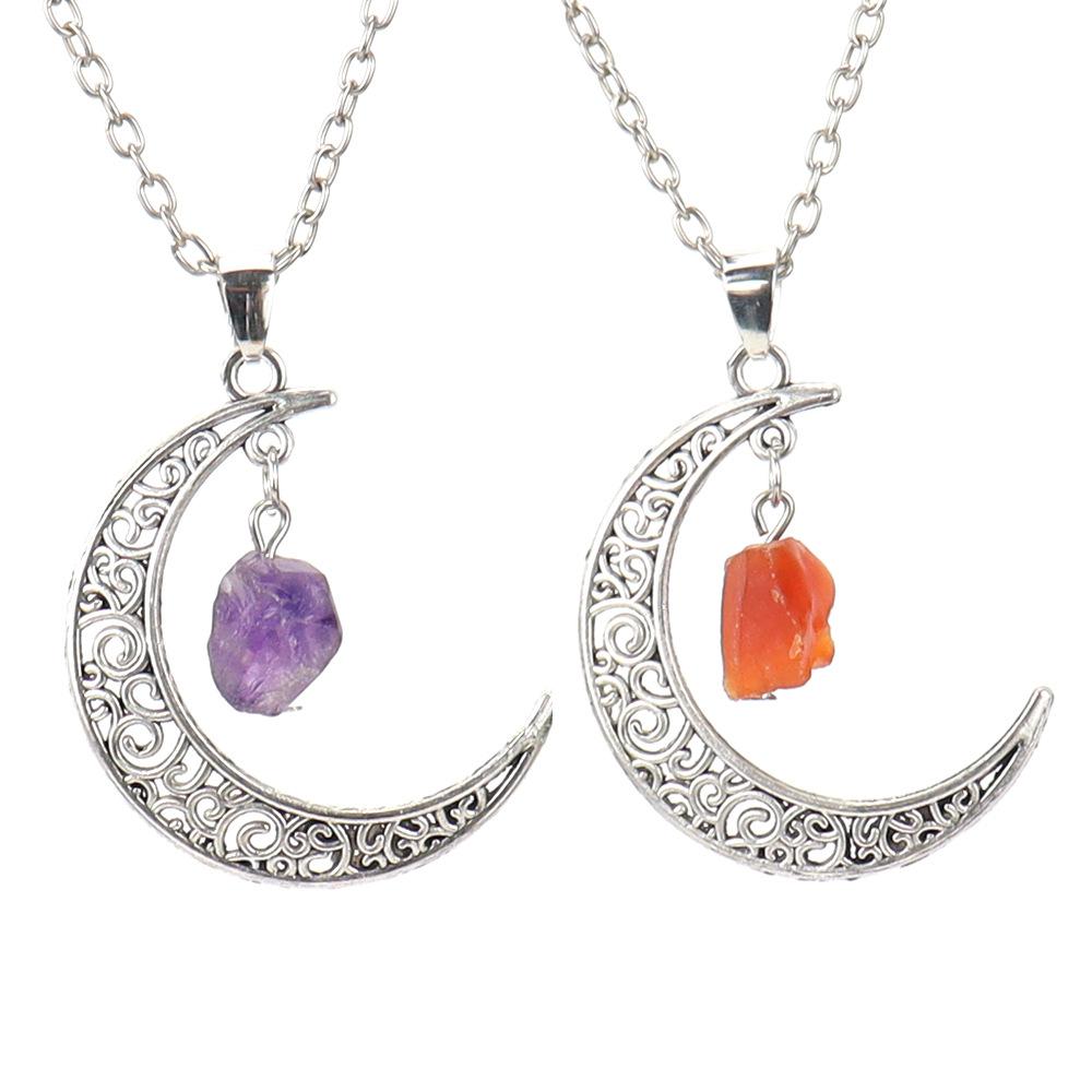 Hollow Moon Natural Rough Stone Crystal Pendant Necklace Amethyst Pendant Couple Necklace N597