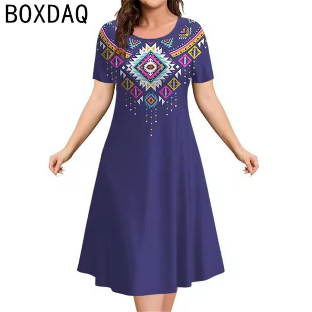 Rochie nouă pentru femei cu imprimeu etnic vintage 3D, rochie de vară cu mânecă scurtă, gât rotund, casual, rochie A-line, rochii supradimensionate pentru doamne