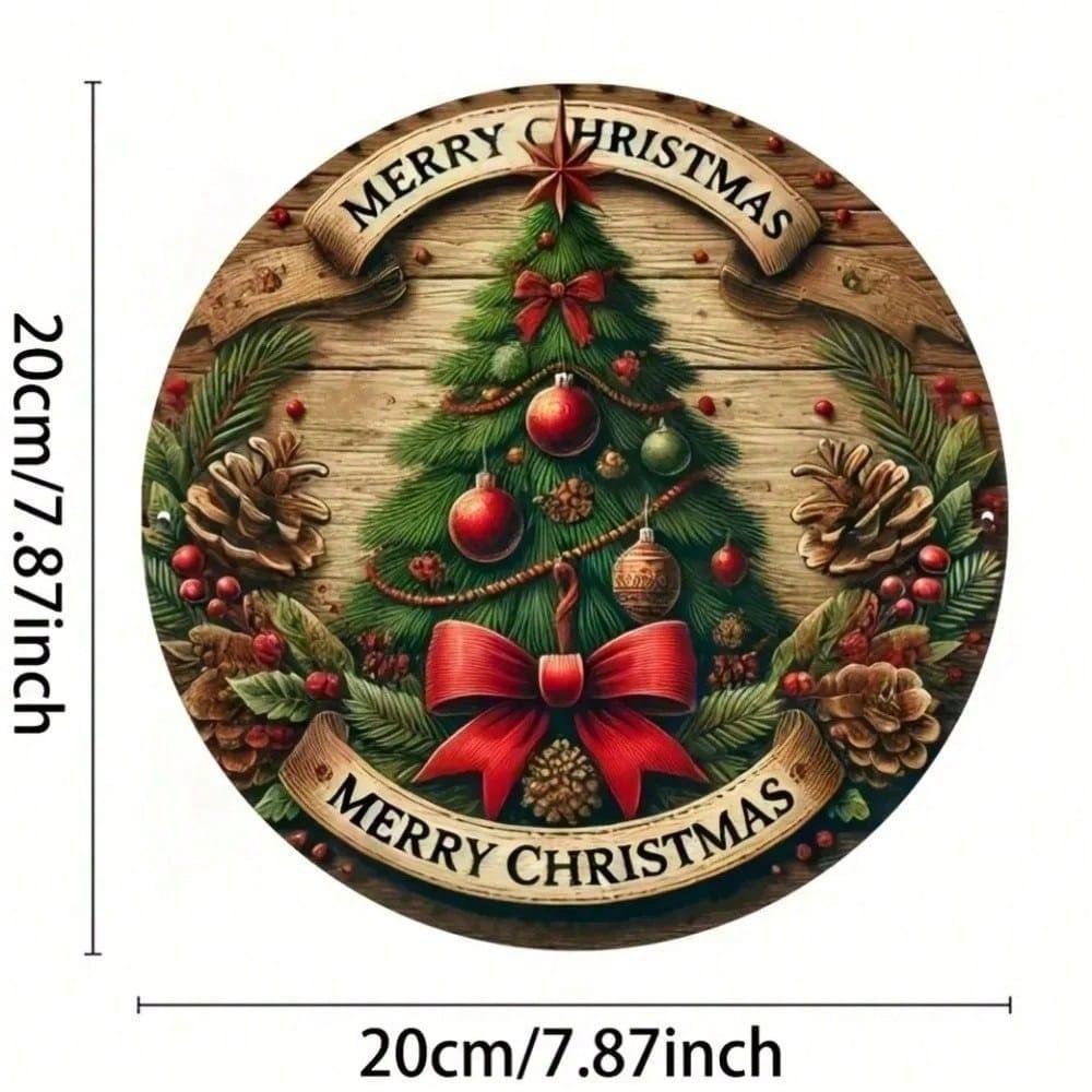 Retro Christmas Tree Metal Tin Sign Round 8 Inch Engraved Wall Art Home Bar Cafe Holiday Decor