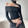 European and American Style Spice Girl Hanging Neck Asymmetrical Long-sleeved Off-the-shoulder Flanged Tube Top Fashion Street Personality Casual T-sh