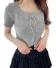 WEGO PHILLY Knit Short Short Korean Size Gray Lace-Up Top, Sleeve, Knitwear, Girly, Style, Casual, Gift, Spring/Summer/Autumn, Women's, F,