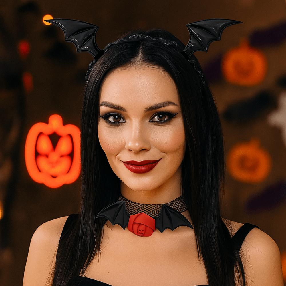 Mesh Headband Necklace Set Flower Halloween Hair Hoop Fashion Bat Wings Hairband  Girls