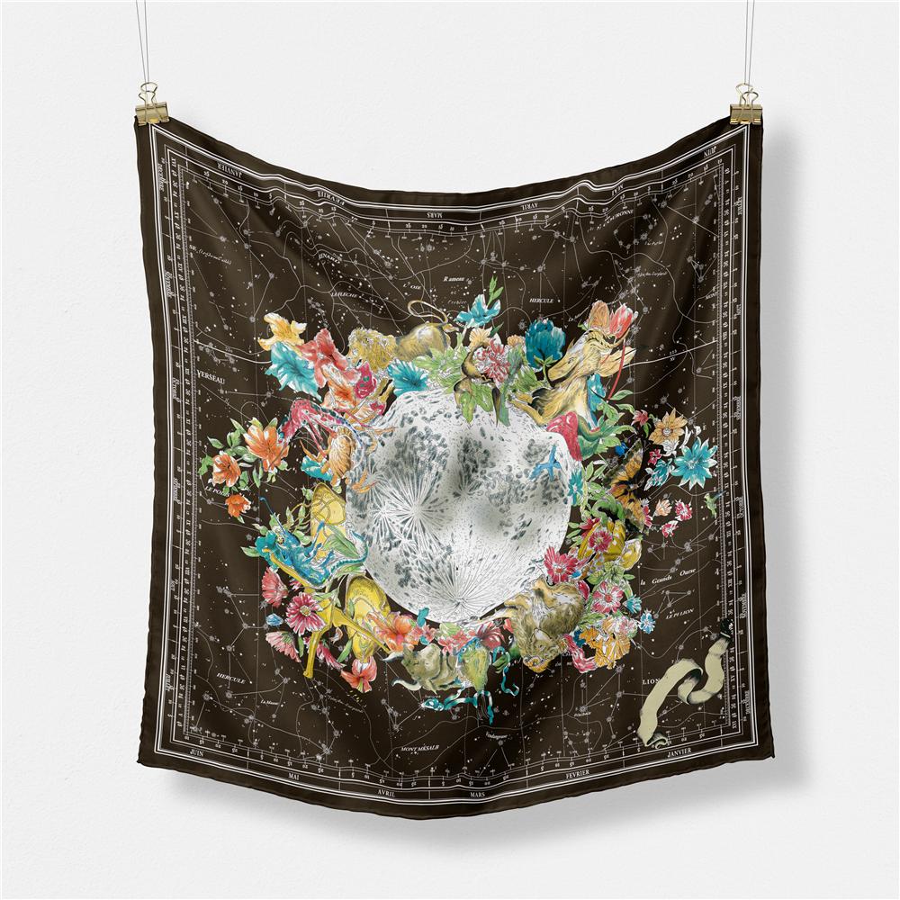

Twill Silk Scarf Woman Flowers Map Painting Square Scarves Wraps Bandana Small Hijab Silk Foulards Tie Headband Neckerchief 53CM 53CM x 53CM