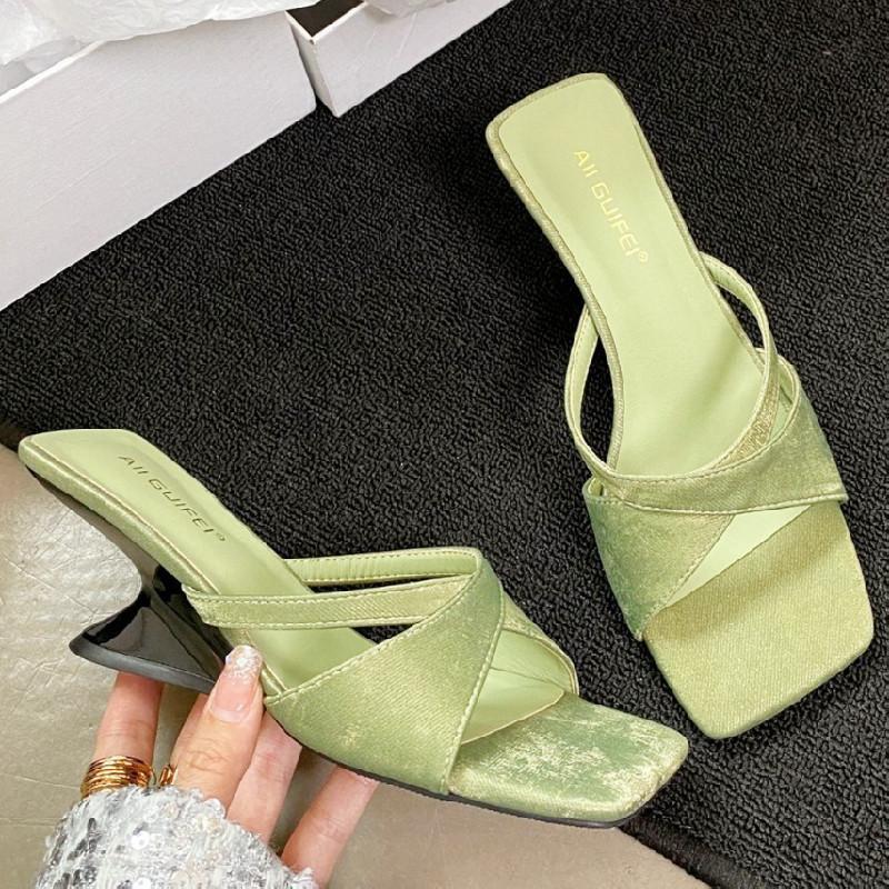 Fashion High Quality Square Toe Cross-tied Women Sandals Open Toe Wedges Slide Sandals Summer Fashion Comfortable Satin Heels for Women