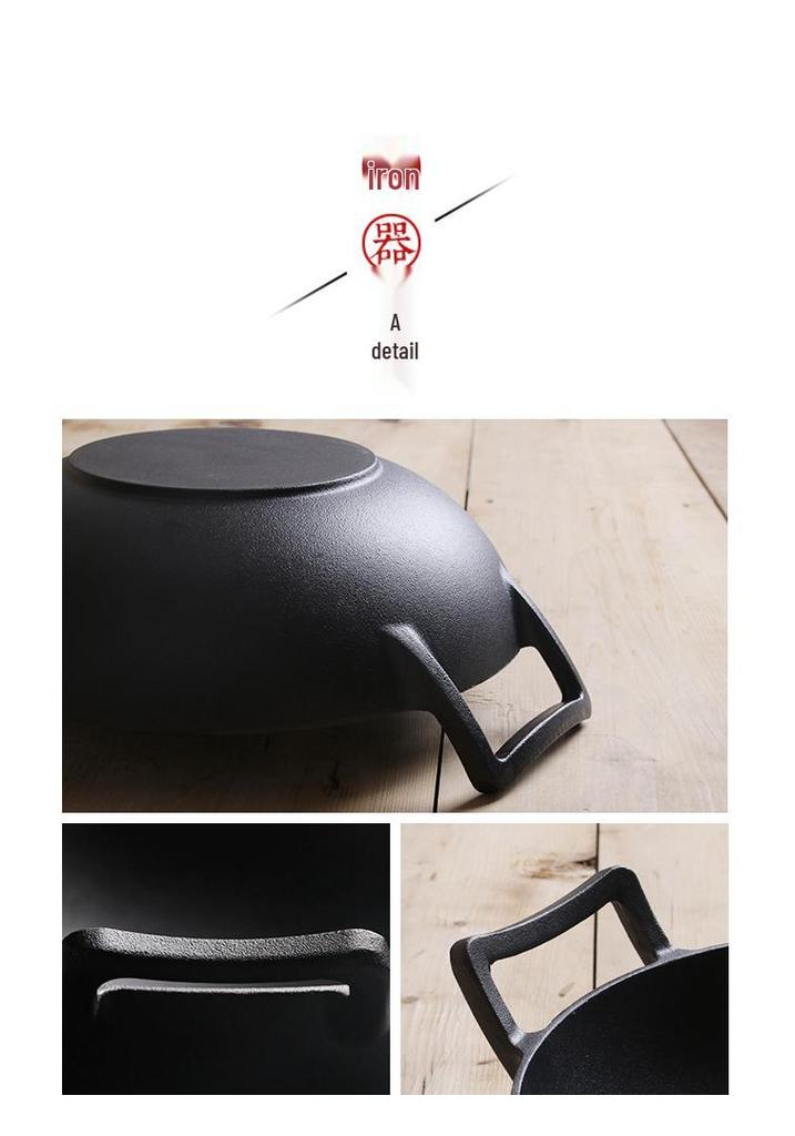 Thickened Cast Iron Double-Handle Wok – No Coating, Flat-Bottom Stew Pot, Healthy Kitchenware, Old-Fashioned Iron Design.