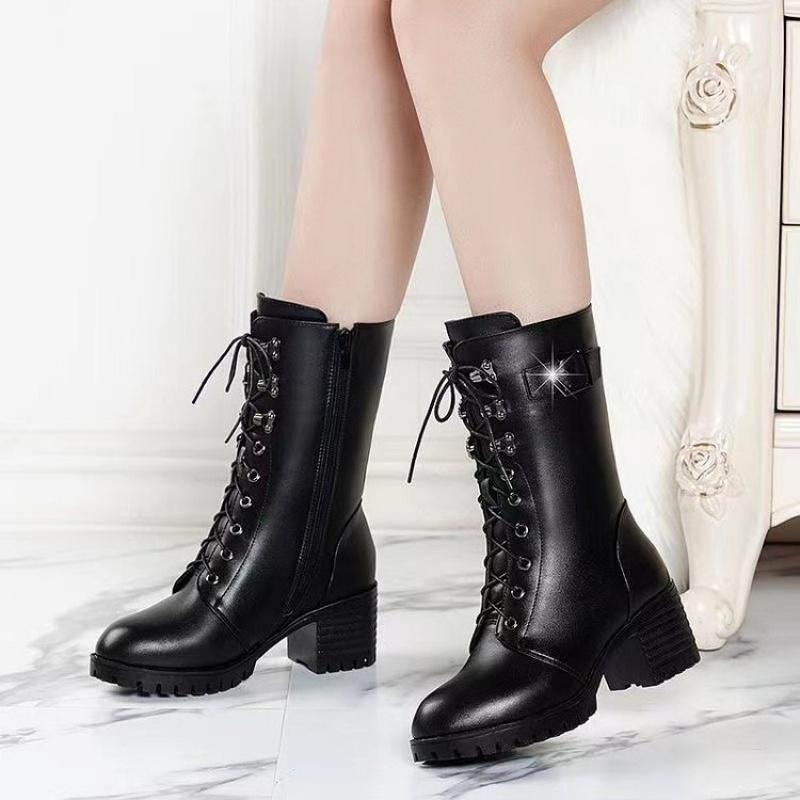 New Women'S British Style Fashion Boots - Black Lace-Up Chunky Heel Ankle Boots With Side Zipper, Trendy Fall/Winter  Boots