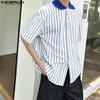 INCERUN Men Short Sleeve Shirts Lapel Stitching Striped Loose Shirts