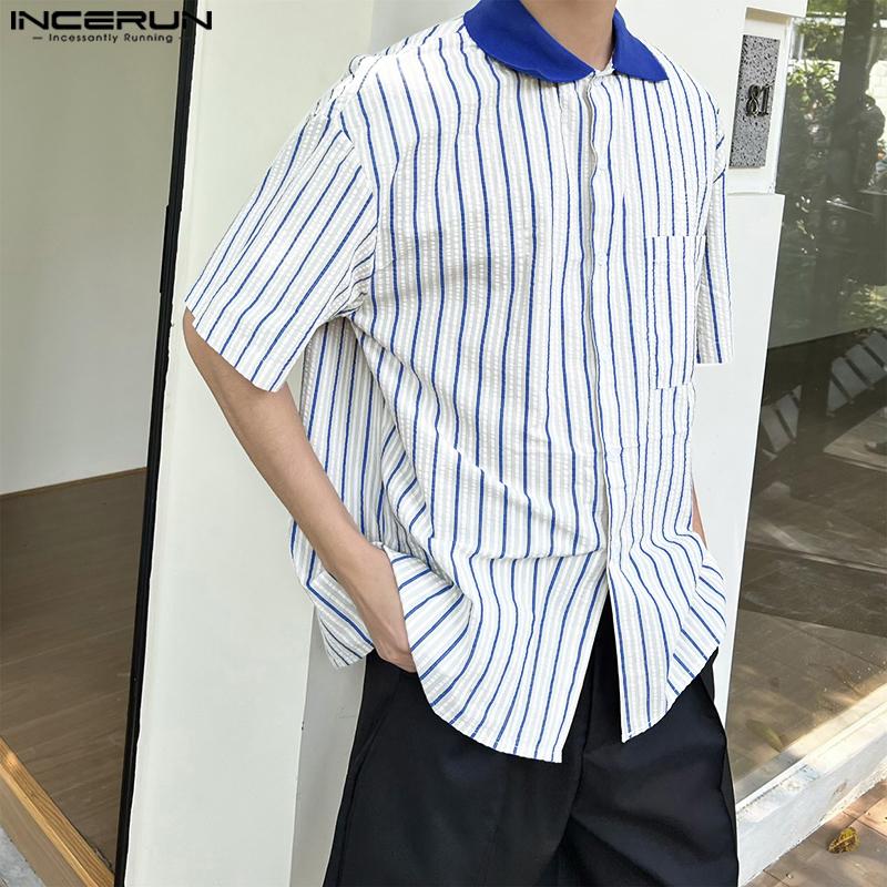 INCERUN Men Short Sleeve Shirts Lapel Stitching Striped Loose Shirts