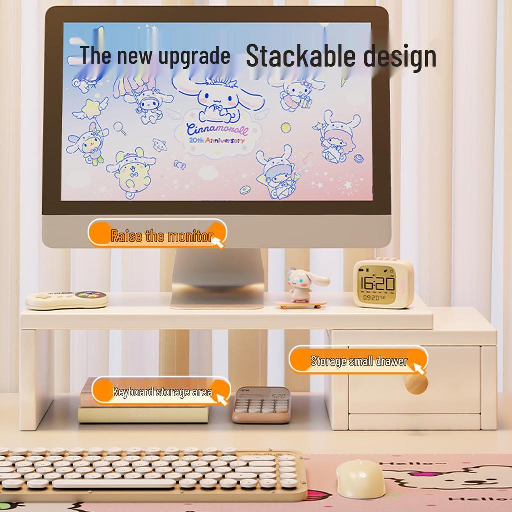 White Computer Monitor Stand with Drawer - Desk Riser for Girls