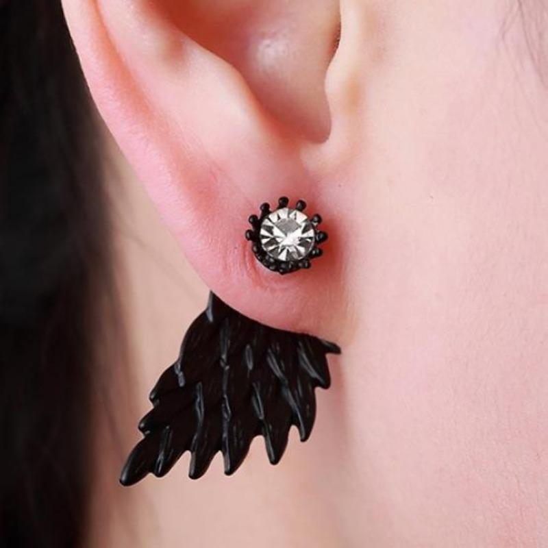 Women Retro Gothic Cool Jewelry Angel Wing Rhinestone Ear Jacket Earrings