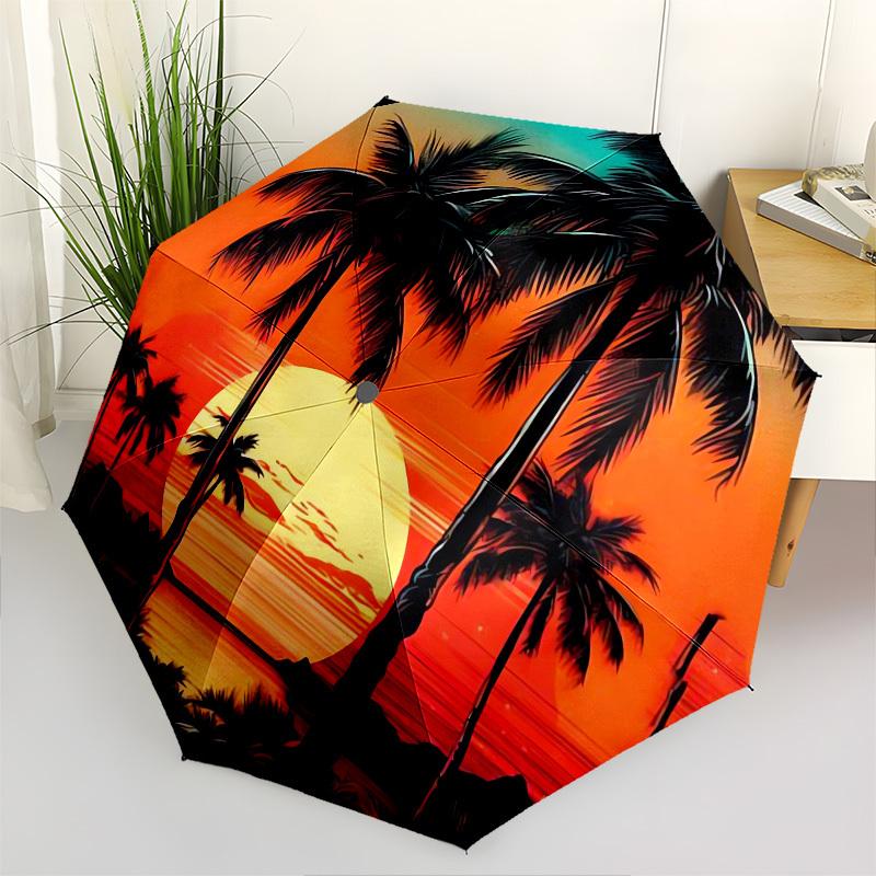 1pc Tropical Sunset with Palm Trees Umbrella with Plastic Handle,Suitable for All Seasons UmbrellaPT443