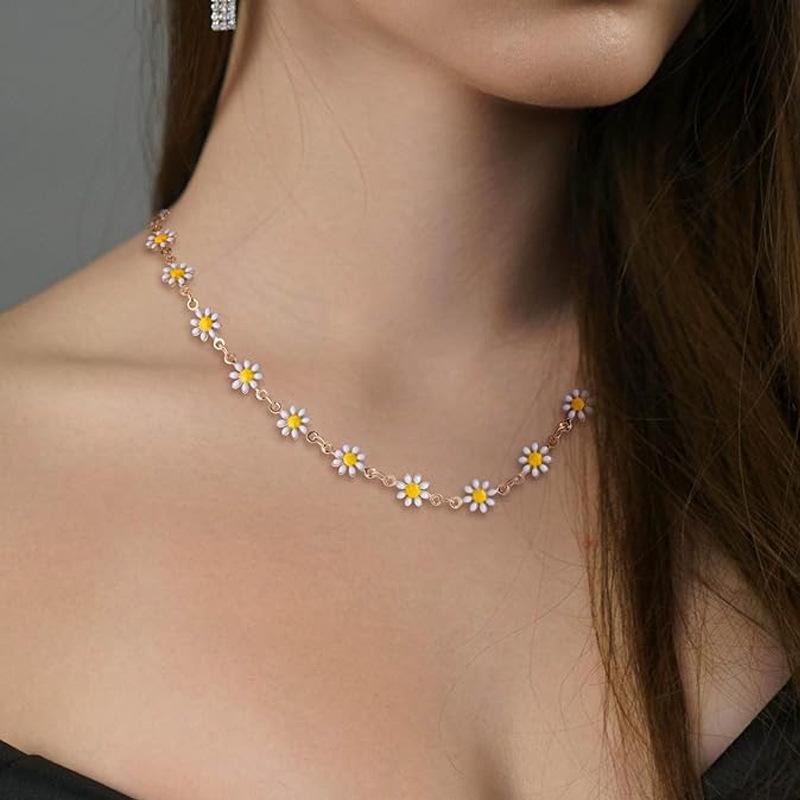 Stainless Steel White Enamel Daisy Necklace - Fashionable Titanium Women s Collarbone Chain