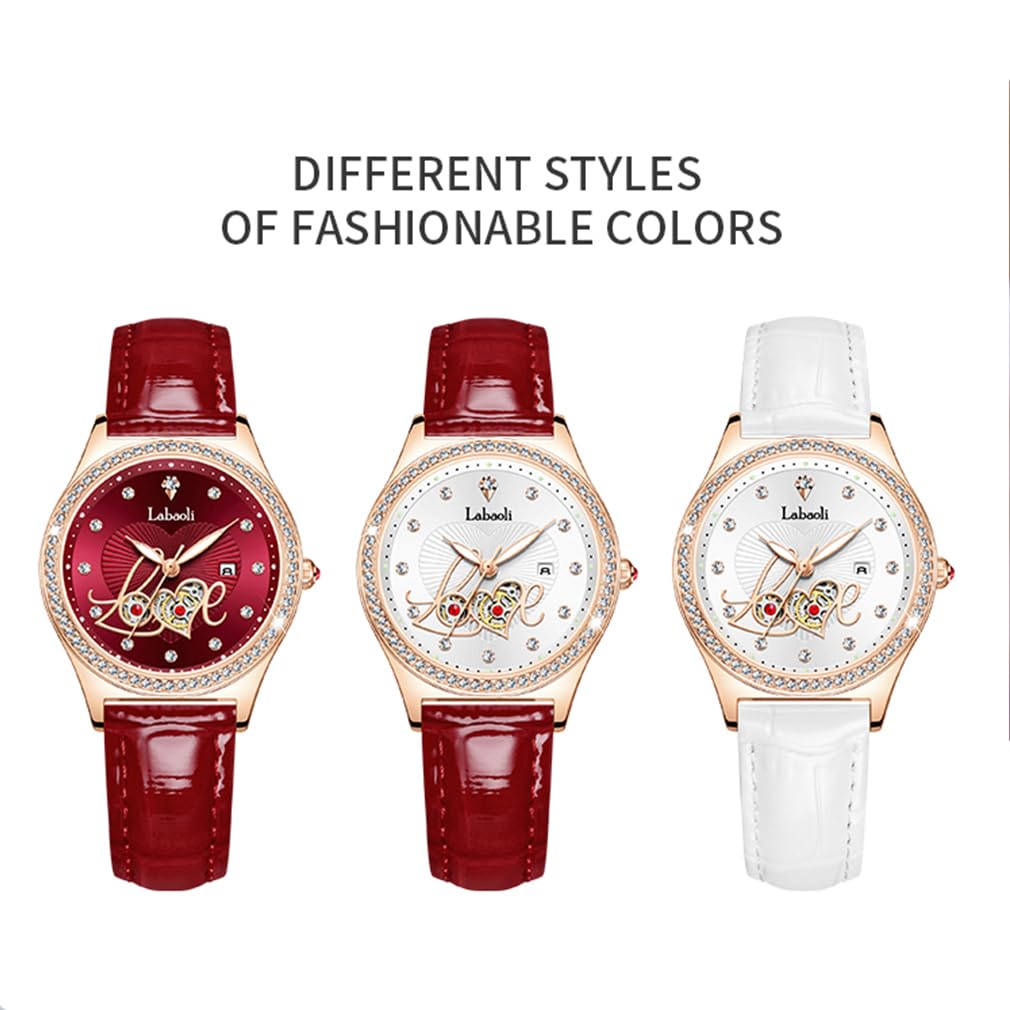Love Watch Red Leather Strap Diamond Gift for Women Women's Wristwatch, Stylish, Waterproof, Simple, Business, Cute, Casual, Luxury,