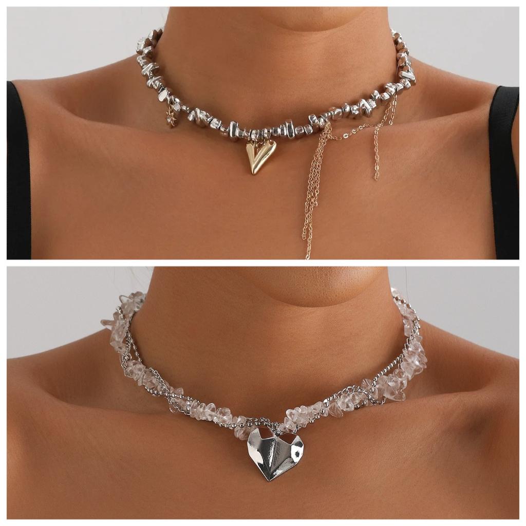 Y2K Heart Beaded Necklace Women Boho Irregular Crystal Class Gravel Clavicle Chain Cool Y2K Choker Exquisite Fashion Jewelry