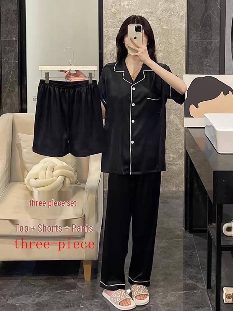 Ice Silk Women's Pajama Set - Short Sleeve, Long Pants, Faux Silk, Lapel Cardigan, Solid Color, Spring/Summer