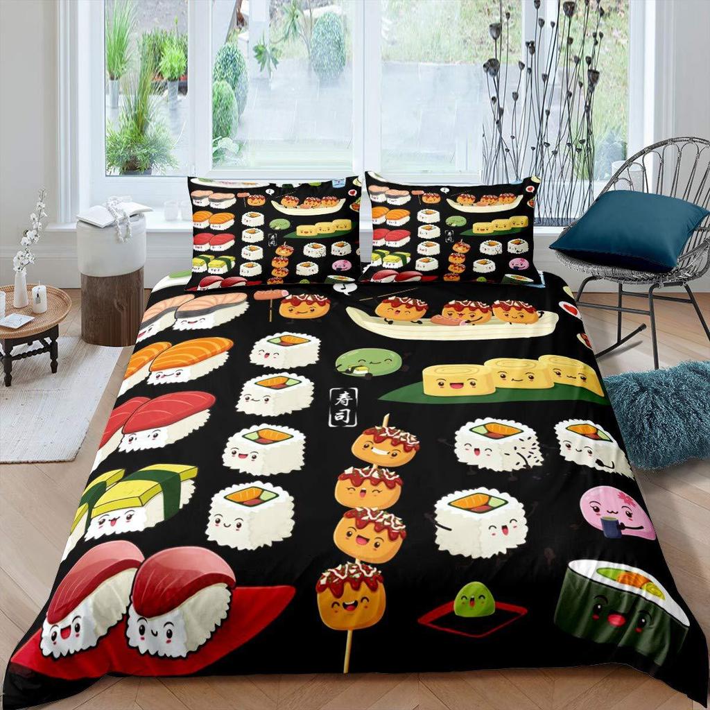 Three-Piece Catering Rice Ball Animation Digital Printing Quilt Pillowcase Bedding