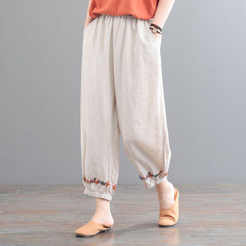 

Artistic Retro Plus Size Figure-Flattering Cotton Linen Cropped Harem Pants for Women M (Recommended for under 105 lbs) брудно-білий