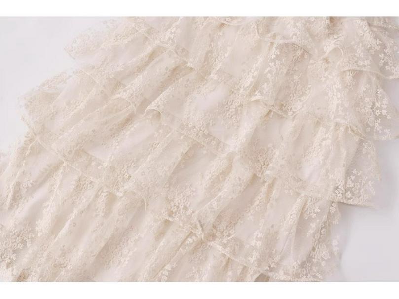 Spring French Embroidered Layered Ruffle High-Waist Long Skirt for Women