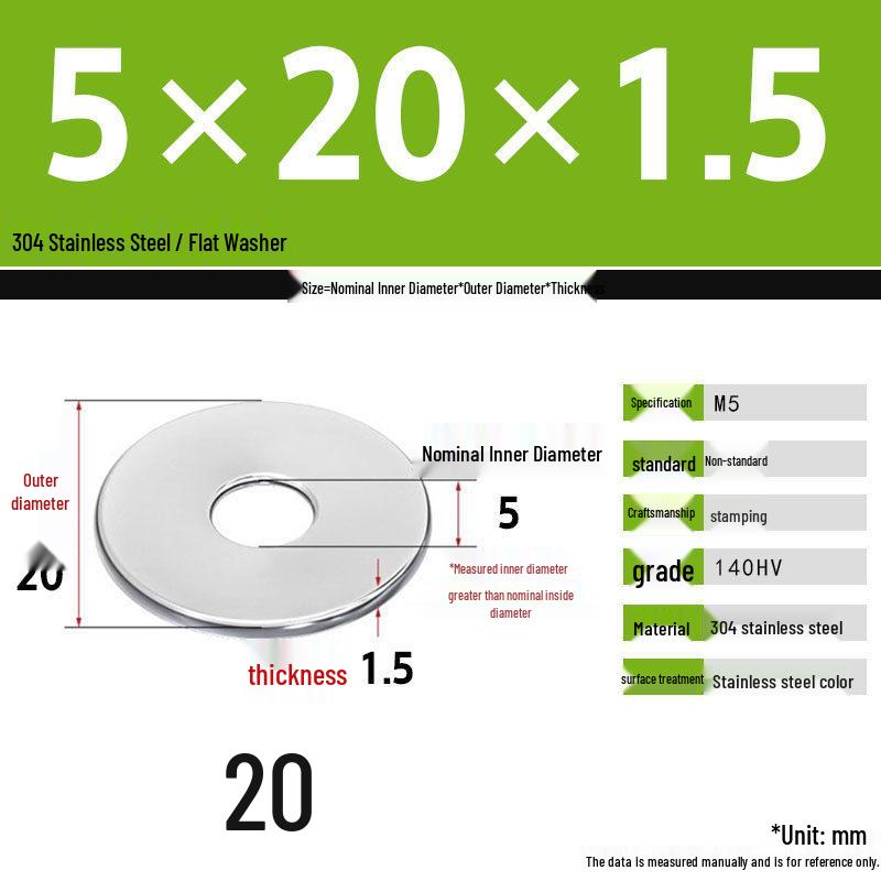 304 Stainless Steel Thickened Flat Washer Set, Sizes 2-36