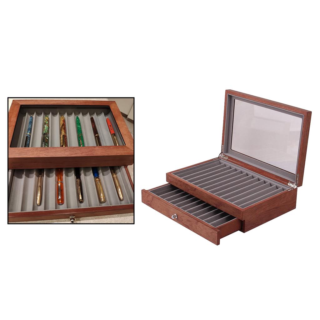 Buy Large Capacity 2 Layer 23 Slots Wood Pen Storage Box & Lid Window Rosewood at affordable