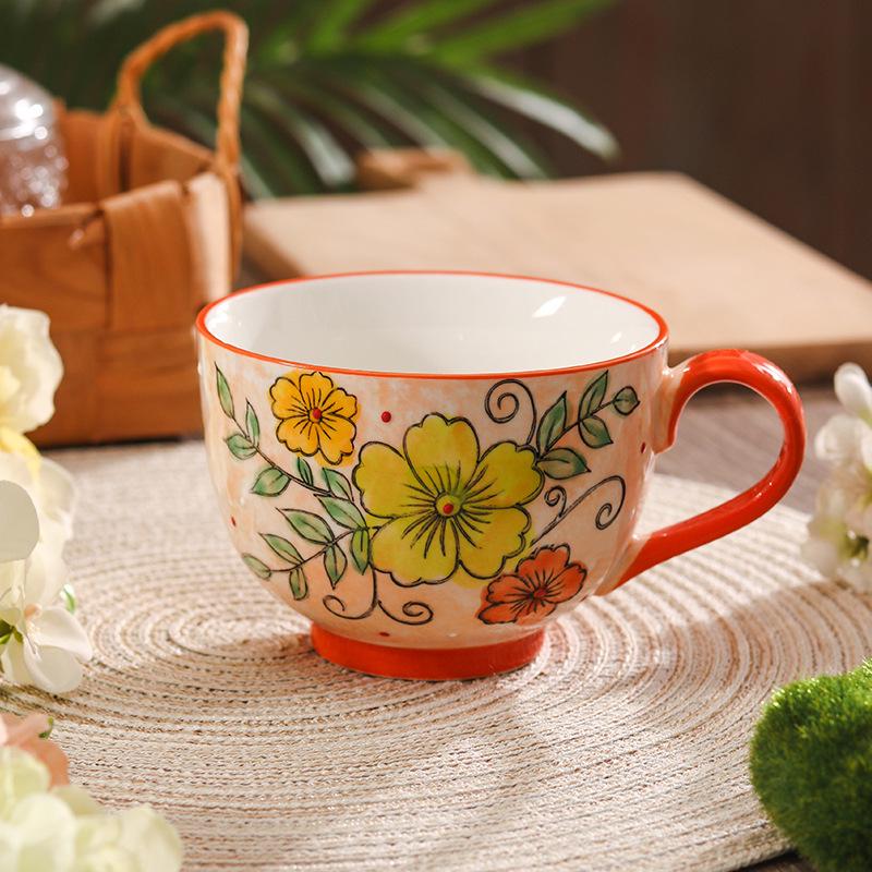 Retro Seto Ware Breakfast Cup: Hand-Painted Embossed Ceramic, Large-Capacity Flower Tea & Milk Oatmeal Cup