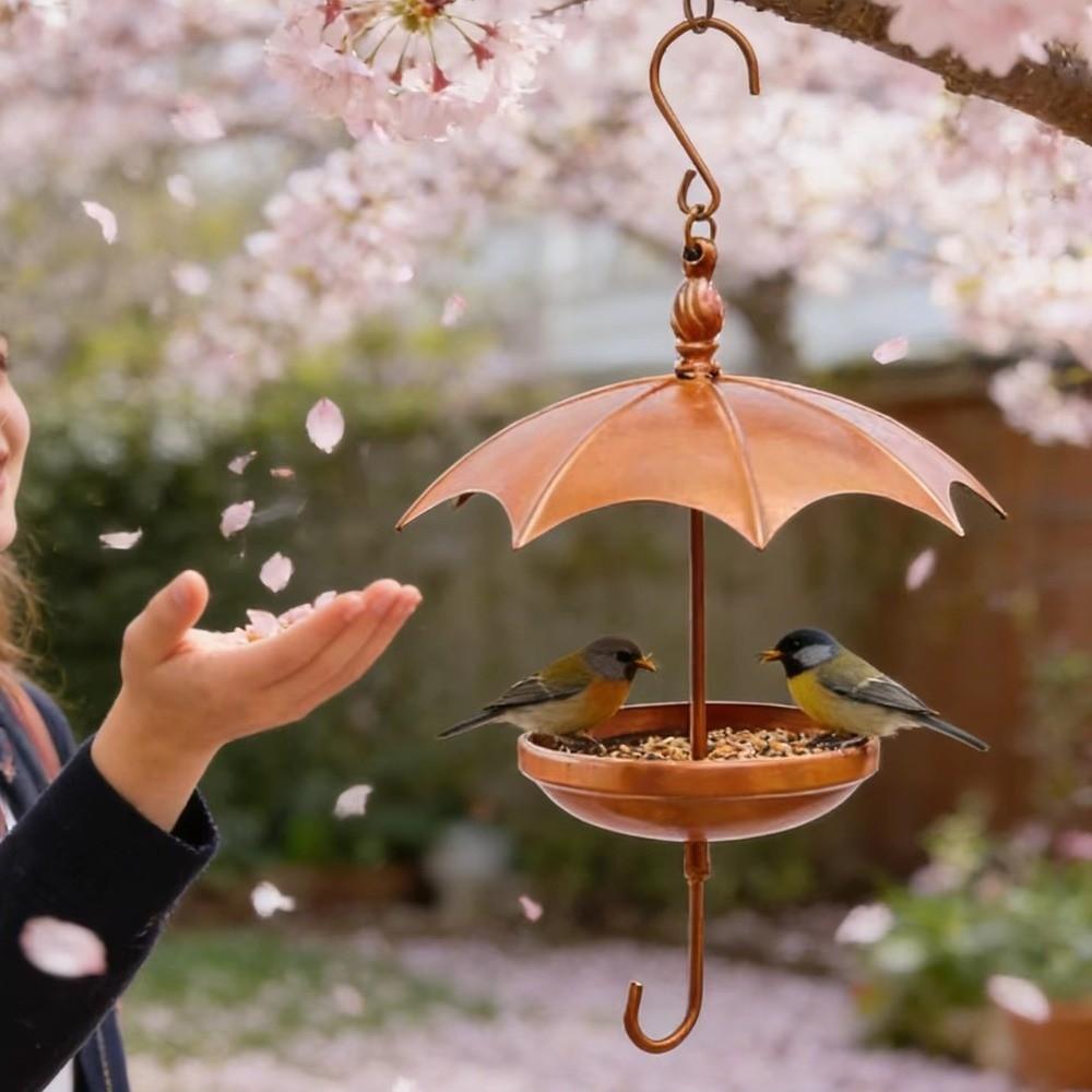 Rustic Hanging Platform Feeder Iron Bird Rest Station Umbrella-Shaped Bird Feeder Garden