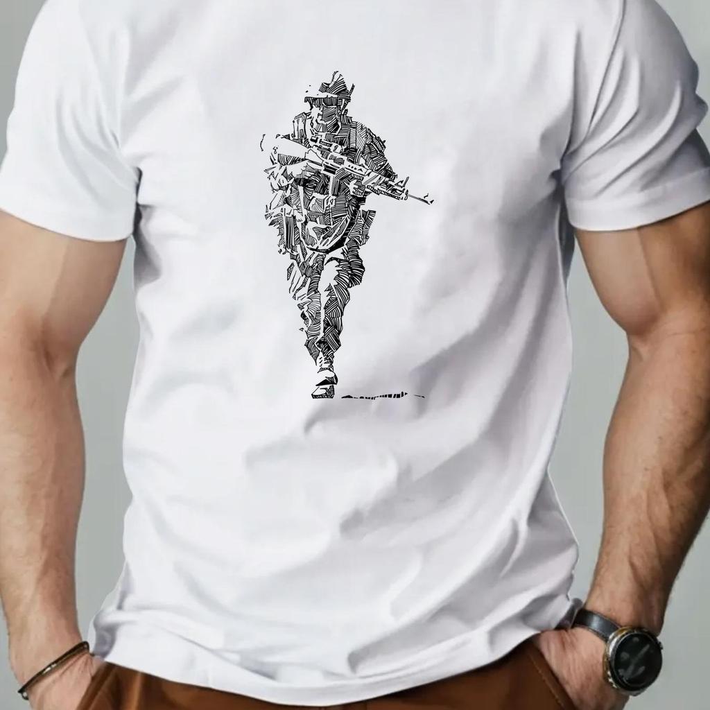 Men Military T-Shirt Soldier Graphic Tee with Armed Figure Design Lightweight Breathable Fabric for Army