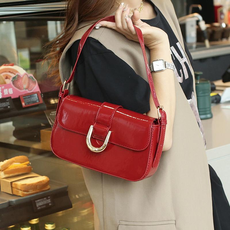 Geantă de umăr retro din piele lacuită pentru femei Geantă de lux cu clapetă Geantă de subrat de culoare solidă Geantă roșie de mână Geantă de mână