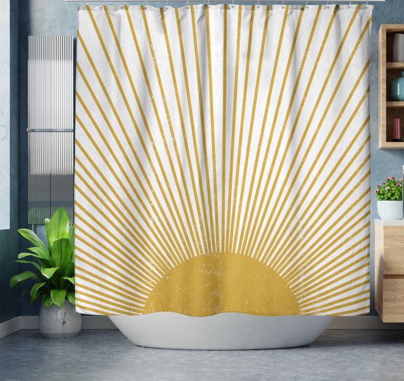 Mid Century Modern Sun Boho Shower Curtain, Retro Mcm Decor Funky Bathroom, Mustard Yellow Vintage Style Distressed Sunburst