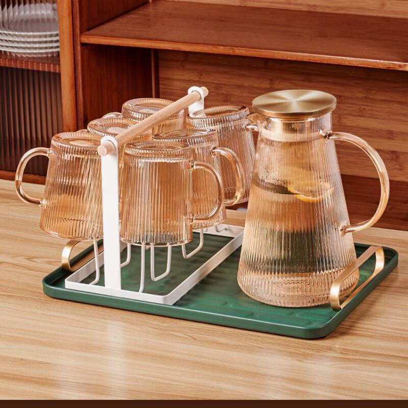 Shangqi Amber Ribbed Glass Water Pitcher and Cup Set