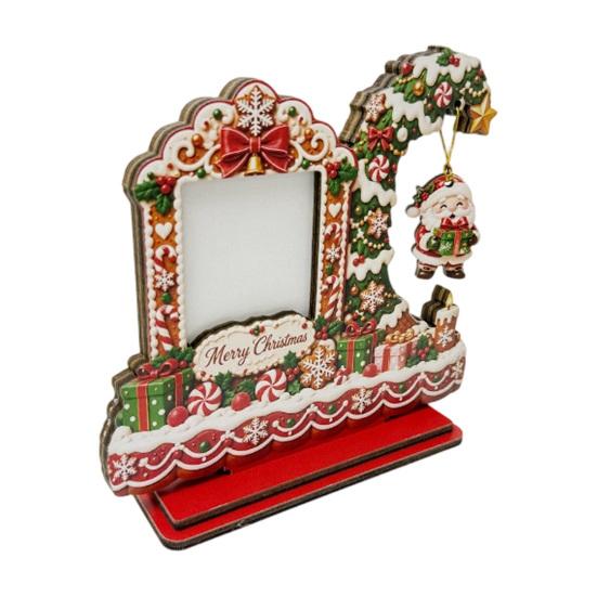 Wooden Craft Decor Christmas Photo Frame, 2D Picture Holder with Santa Snowman & Decorative Snowflake Pendant, Family Display Frame for Home
