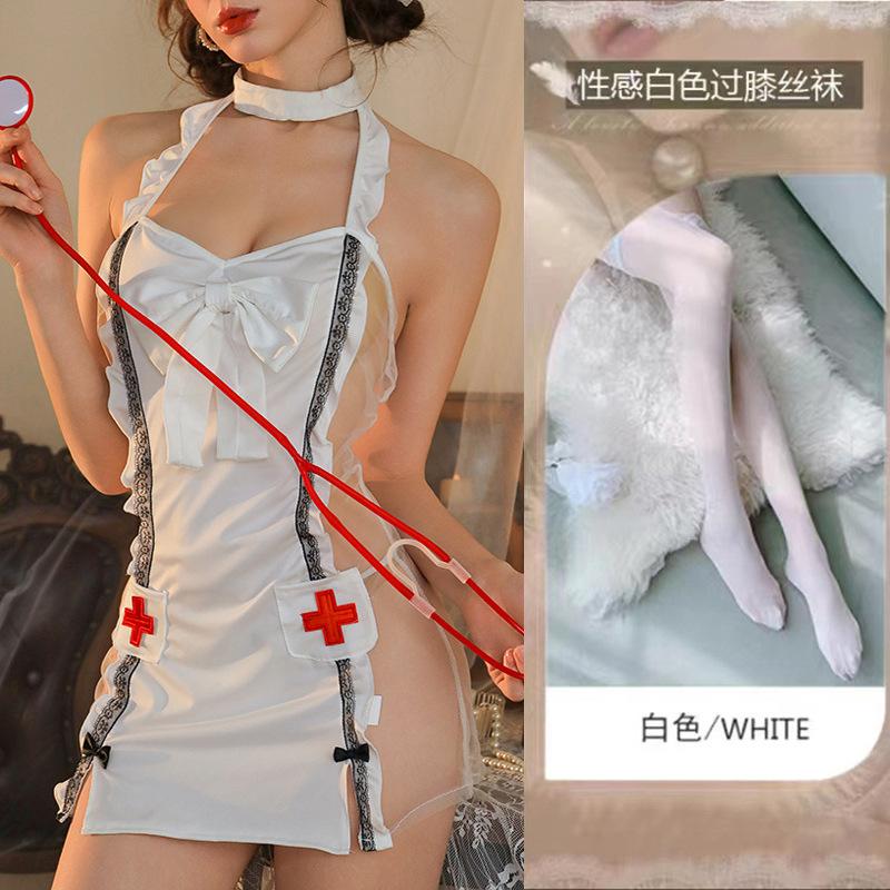 Lingerie Suspender Lace Perspective Nurse Hot Sexy Passion Bed Bow Uniform Cover