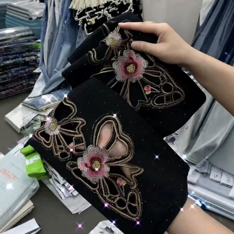 High-Waisted Cropped Flared Jeans Women With Embroidered Floral Detail Stretch Cotton Denim 2026